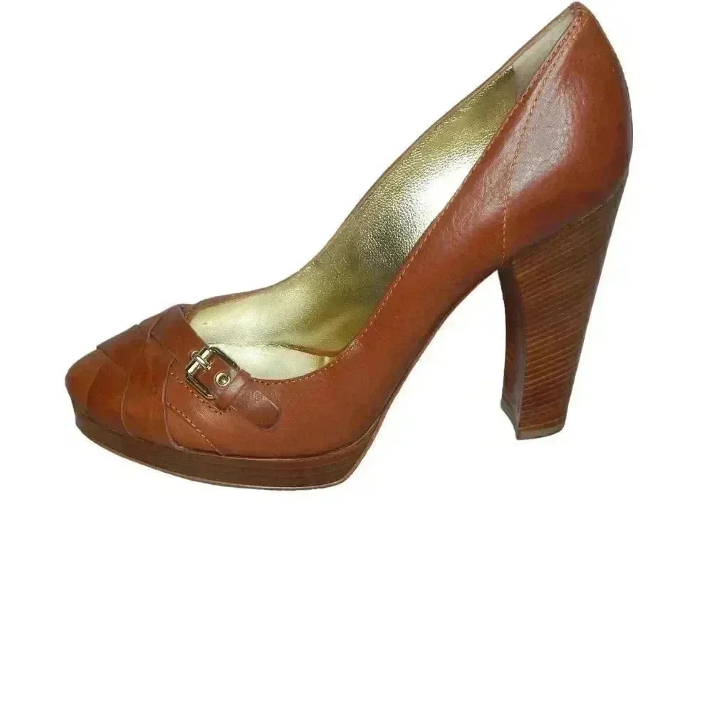 D&G Dolce & Gabbana Brown Leather Buckle Accent Wood Platform Heels sz 40 US 9